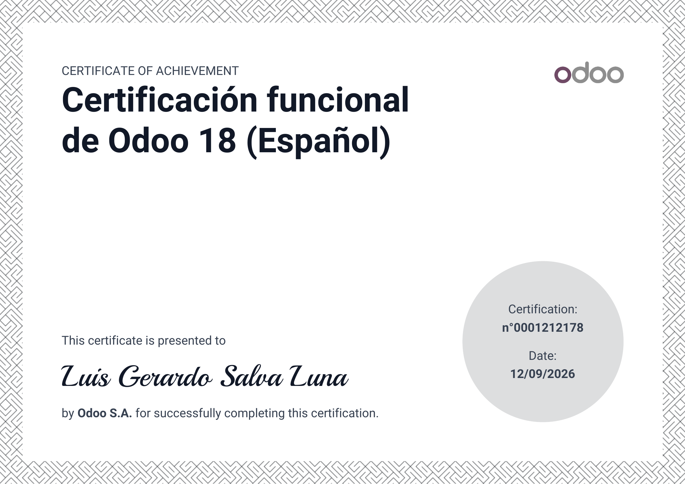Certificado funcional de Odoo 18 de Luis Gerardo Salva Luna